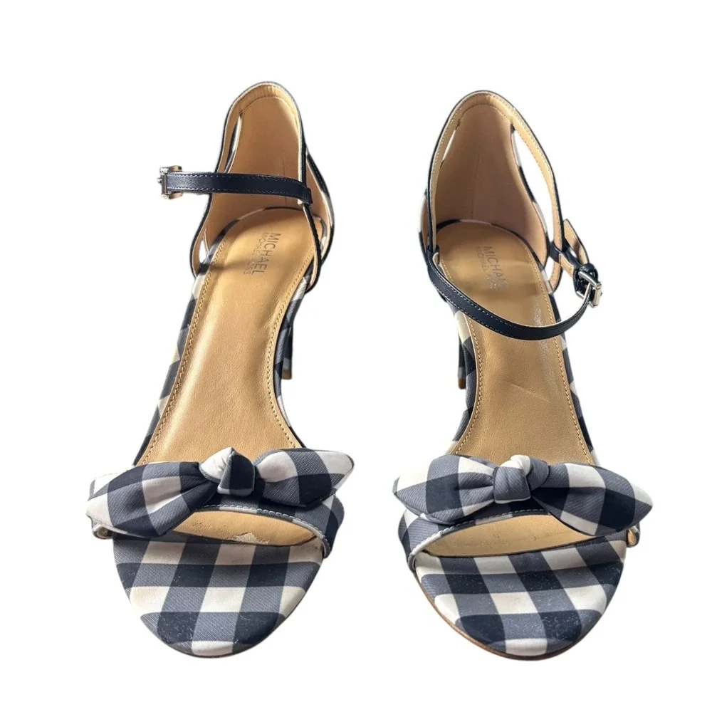 Michael Kors Pippa Sandals Women 9M Admiral Blue White Gingham Bow Stiletto Heel